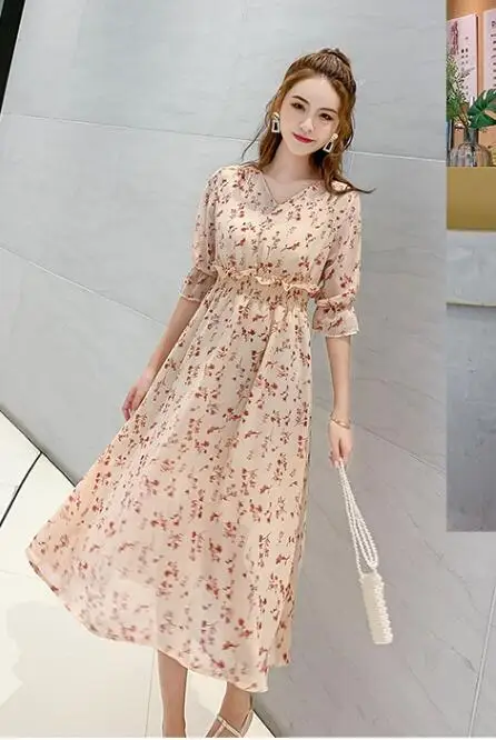 cute dress ТРАПЕЦИЕВИДНОЕ женское платье в Корейском стиле, абрикосовое розовое ТРАПЕЦИЕВИДНОЕ милое винтажное длинное шифоновое платье с цветочным рисунком и оборками 5080 - Цвет: cute dress