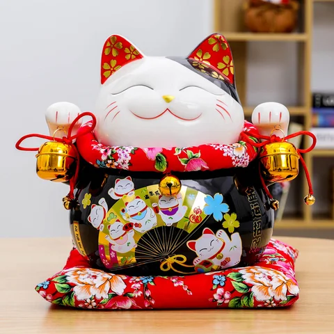 10 дюймов японская керамика Манеки Неко счастливый статуя кота фарфоровый Черный кот удачи Копилка фэншуй украшение для дома