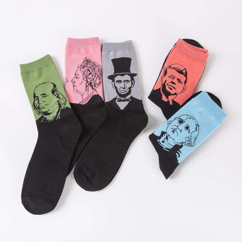 Красочные мужские команды Смешные чесаные хлопковые носки Lincoln, с рисунком Кеннеди, новинка, масляная живопись, свадебные носки, подарки