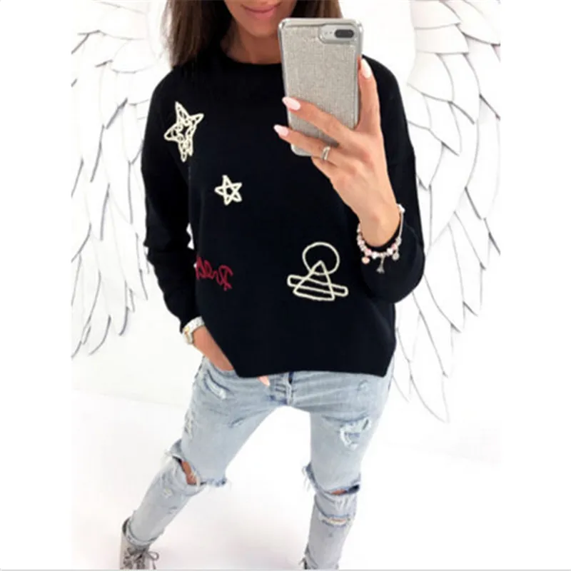 2017 Осень Зима повседневные свитера женские пуловеры с длинным рукавом Вышитые