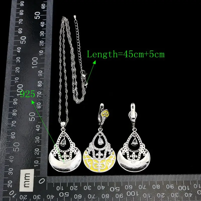 Silver 925 Bridal Jewelry Sets For Women Bright Yellow Pattern White Crystal Earrings/Pendant/Necklace/Zircon Bracelet | Украшения и