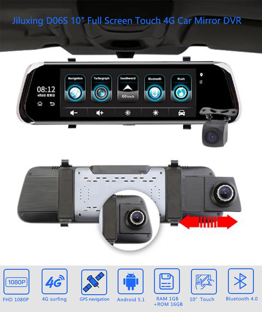Jiluxing D06S 1080P 4G Автомобильный видеорегистратор gps навигация WiFi Bluetooth 1" полный экран Сенсорные Автомобильные камеры зеркало две камеры ночного видения