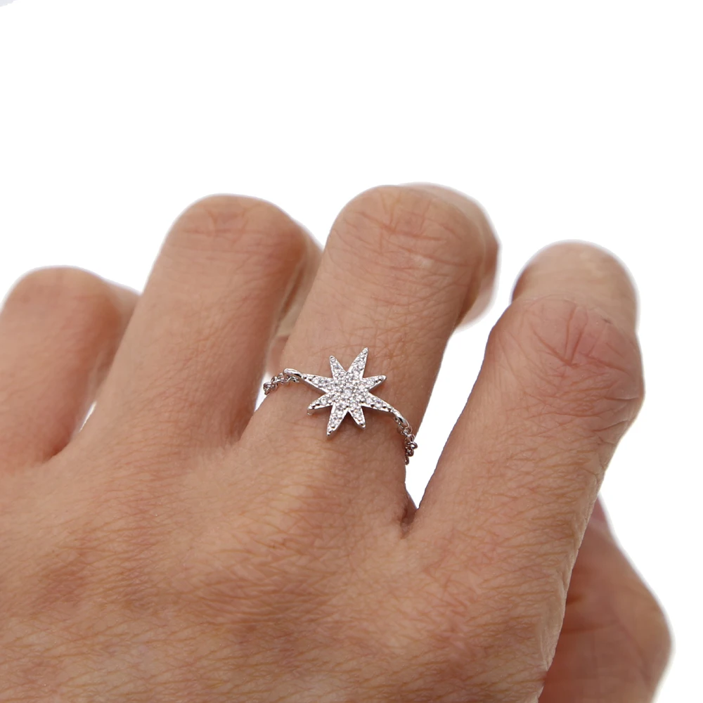 Micro pave cz sparking bling star north star очаровательное регулируемое кольцо-цепочка модные трендовые женские кольца