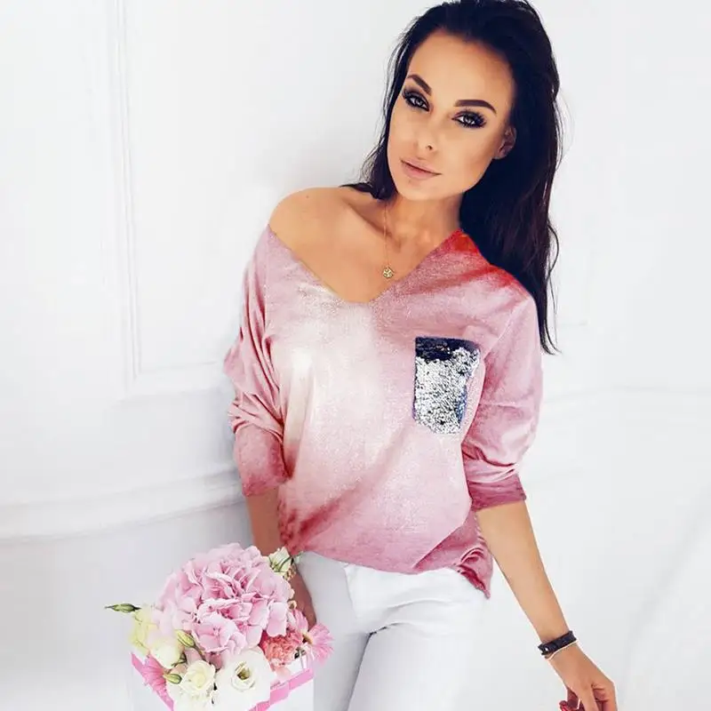

2019 Fashion T Shirt Women V-Neck T-Shirts Causal Tops Long Sleeve Tees Comfortable Autumn Basic Top WS2184C