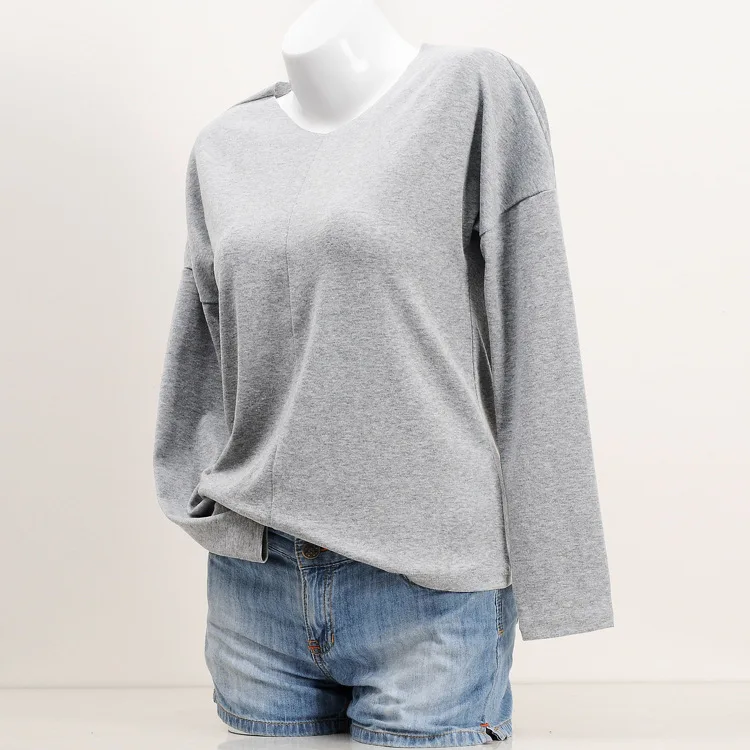 Европа Стиль Осень Твердые Трикотажные v-образным вырезом Женская футболка