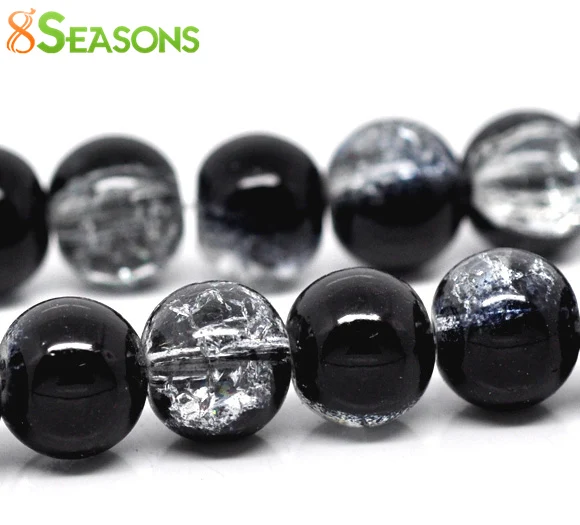 

8Seasons Glass Loose Beads Round Black & Clear Crackle DIY Jewelry About 10mm Dia, 80cm long, 2 Strands (Approx 85 PCs/Strand)