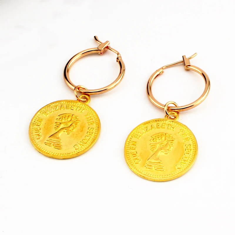 Женские серьги подвески в этническом стиле золотистые круглые форме монеты