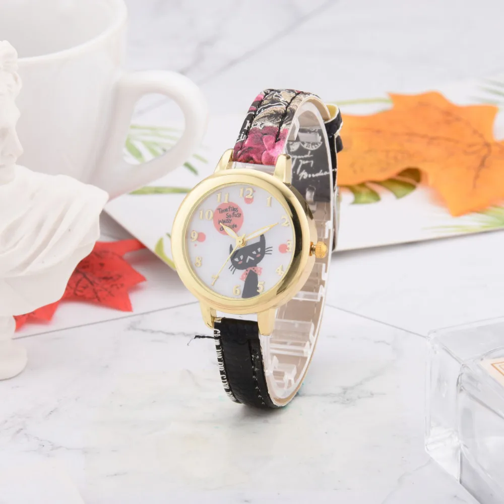 8SEASONS PU Leather Watchband Cute Cat Pattern Gold Color Quartz Wrist Watches Women Ladies Watch Clock Trendy Jewelry 1 Piece | Наручные