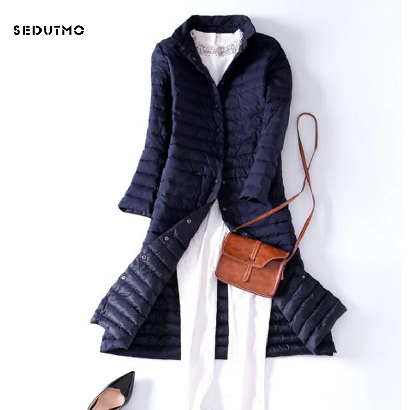 Женский сверхлегкий пуховик SEDUTMO длинный на утином пуху тонкая черная парка