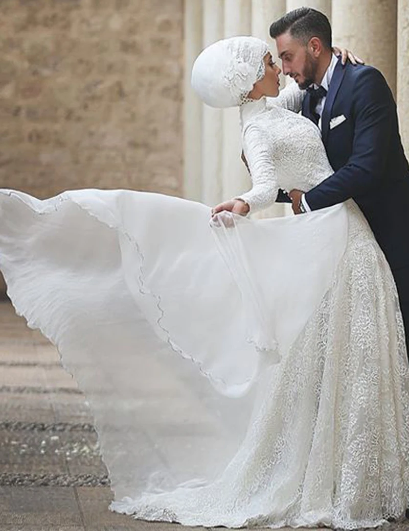 С высокой горловиной одежда с длинным рукавом кружевное простое Vestito Da Sposa