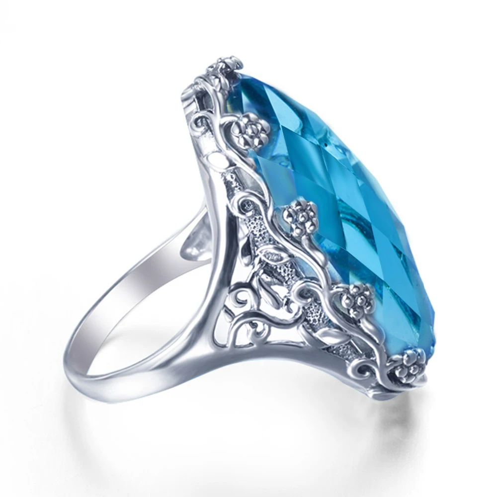 Szjinao винтажные большие кольца для женщин 22ct Овальный Aquamarien цветочный узор Твердые 925 пробы серебряные свадебные украшения