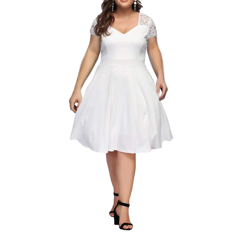 Твердые Цвет кружева прошитая с короткими рукавами платье трапециевидной формы
