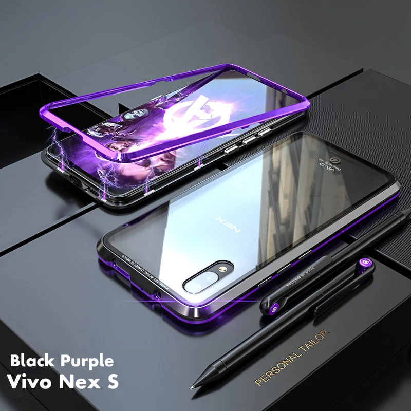 ADKO Магнитный чехол с украшением для Vivo Nex металлический бампер прозрачный закаленное стекло задняя Противоударная крышка для Vivo Nex S Nex A - Цвет: Black Purple