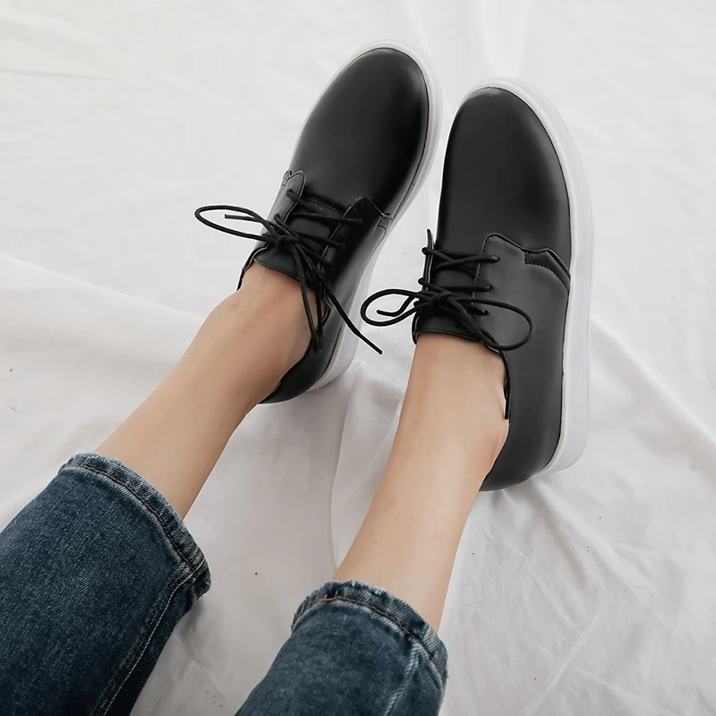 

JK Fashion Casual Flats Women Round Toe Flat Platform Shoes Female Pu Lace Up Shoes Ladies Solid Shoes Girl Autumn 2019 Black