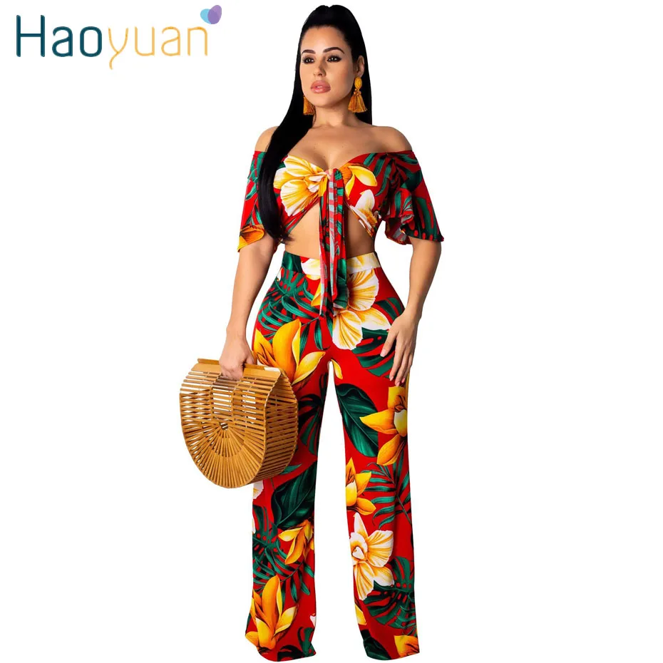 HAOYUAN, летняя одежда для женщин, комплект из 2 предметов, укороченный топ и широкие штаны размера плюс, сексуальная клубная одежда, комплект из двух предметов