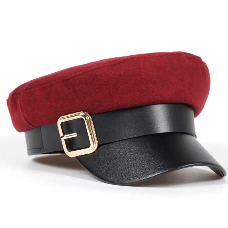 wine red Новинка, зимние шапки для мужчин и женщин, восьмиугольная кепка, шерстяная бейсболка с пуговицами, теплая Кепка, Черная кепка на каждый день - Color: wine red
