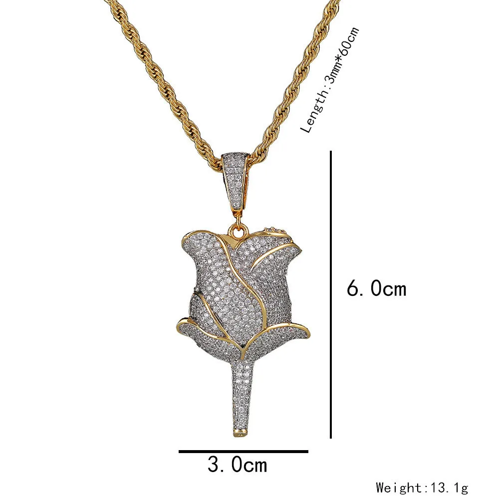 

Moveon Hip Hop Copper Full Zircon Rose Pendant Necklace Rhinestone Charm Necklaces Long Chain Jewelry For Women Gifts AAA