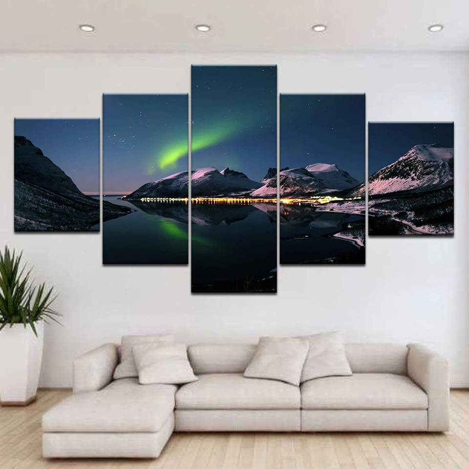 HD printed 5 Piece Canvas Art Psychedelic Aurora Lake Ice Mountain painting Posters and Modular Living Room Bedroom Home Decor | Дом и сад