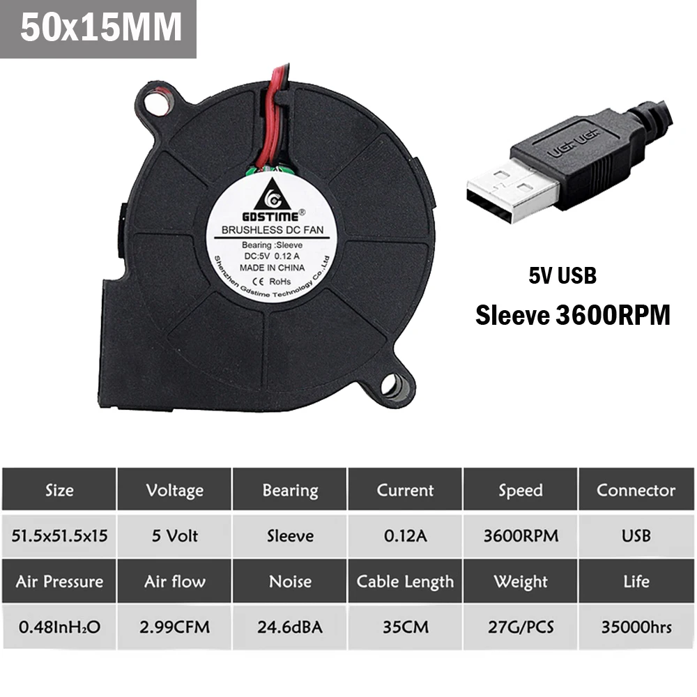 Gdstime 5V USB вентилятор 50 мм 60 75 75x30 DC бесщеточный двигатель центробежное охлаждение