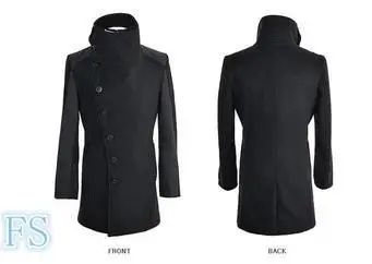 Черное шерстяное пальто средней длины для мужчин приталенный осенний