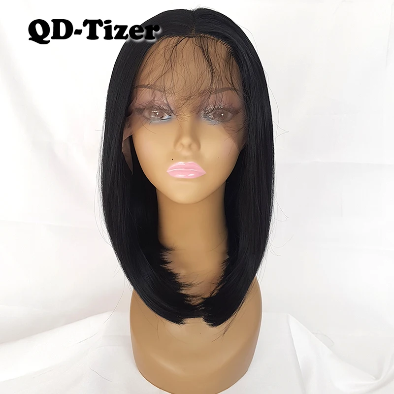 QD-Tizer Synthetic Lace front Wig With Combs Black Hair Heat Resistant Straight Hair short Bob wigs For African American