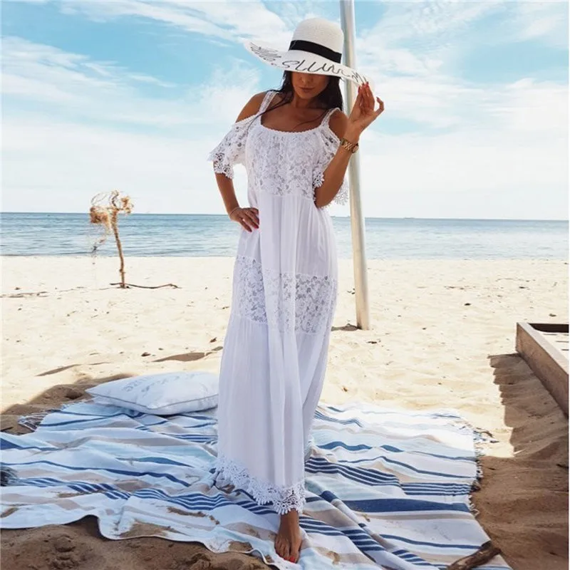 Длинное белое пляжное платье однотонное с вырезом накидка для женщин рукав