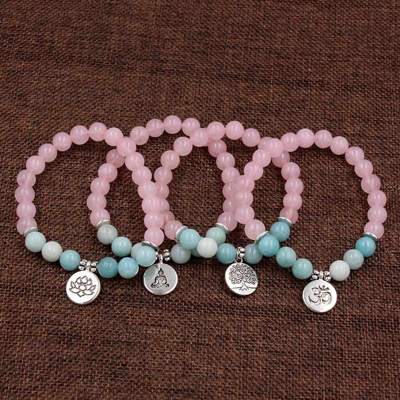 Браслет ручной работы с подвеской Ом Будды лотоса для женщин розовый кварц
