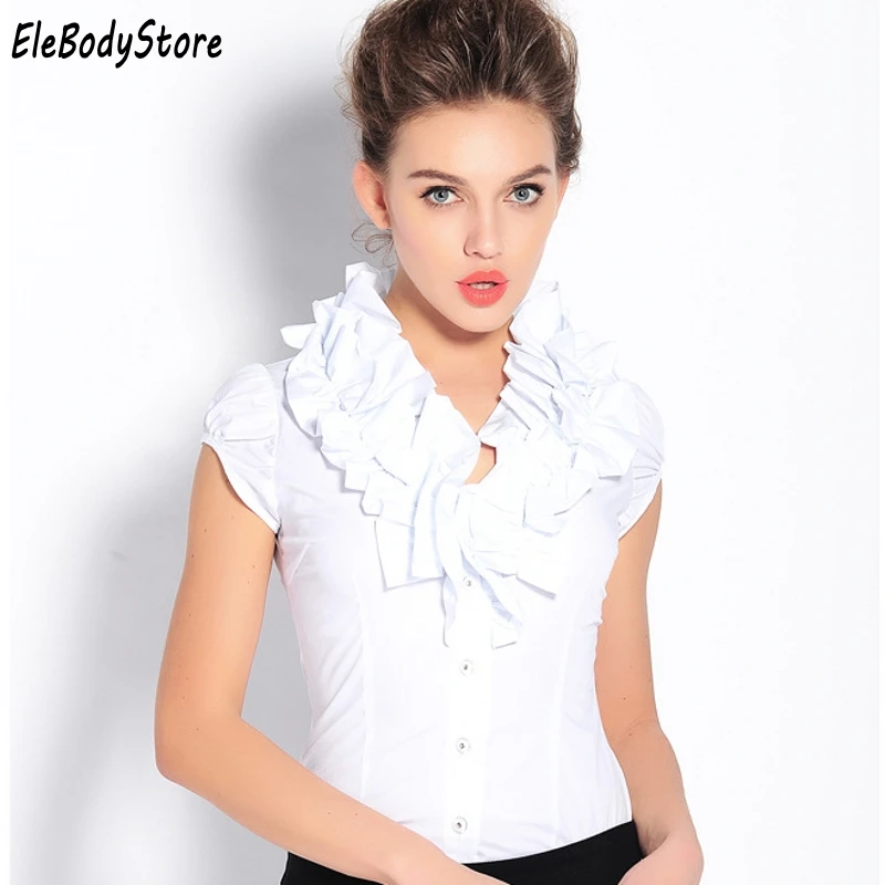 Женская блузка с коротким рукавом Повседневная белая оборками офисная лето 2019 |