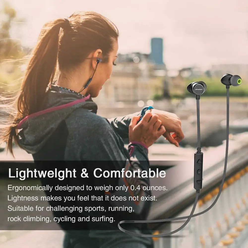 AWEI WT20 оригинальные беспроводные наушники-вкладыши Bluetooth спортивные наушники Hi-Fi стерео звук Магнитный дизайн громкой связи для игр с микрофоном