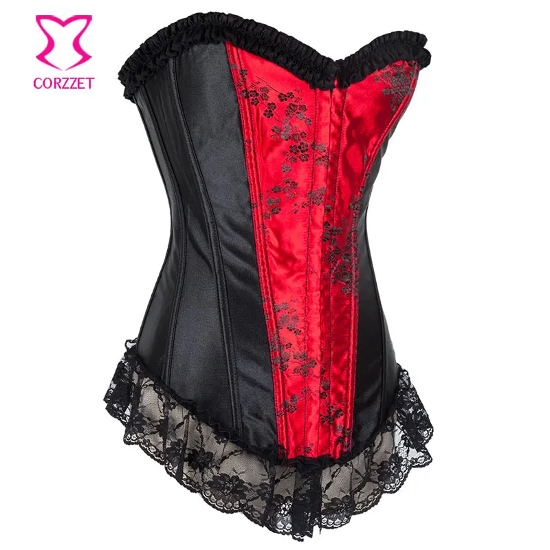 Красный и черный атласный жаккардовый корсет с подтяжками сексуальный корсетный