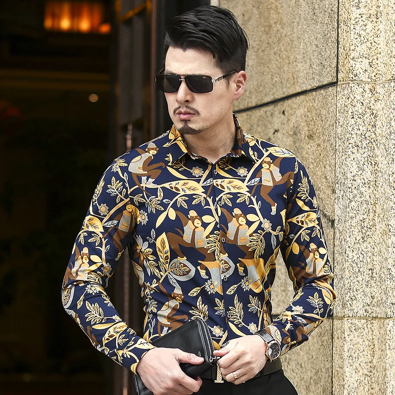 Luxury Brand Men Shirt 5XL 6XL Fashion Long Sleeve Wedding For Designer Casual Shirts Gold Floral Camisa Hombre S17 | Мужская одежда