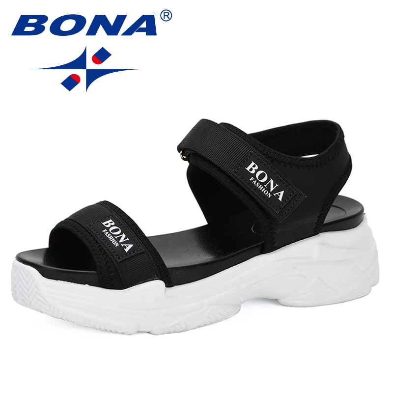 Женские дышащие сандалии BONA черные на платформе для прогулок лета 2019|Боссоножки