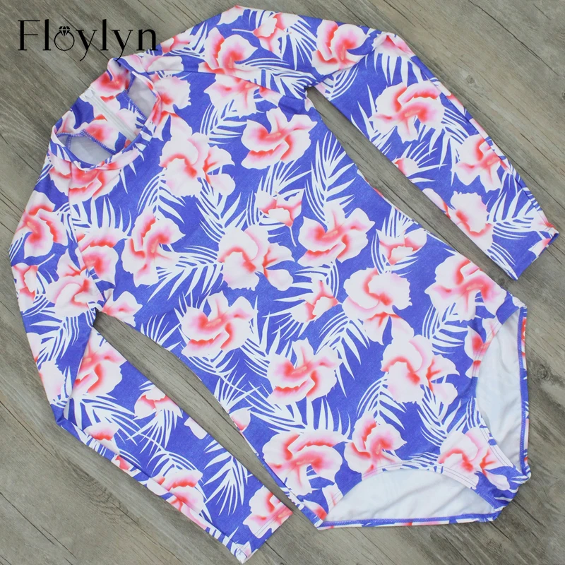 FLOYLYN боди с длинными рукавами Цельный купальник цветочным принтом Бразильский