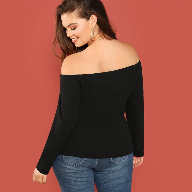 SHEIN черная Сексуальная Блузка с открытыми плечами, длинным рукавом и пуговицами размера плюс, женская блузка, модная облегающая блузка с вырезом лодочкой