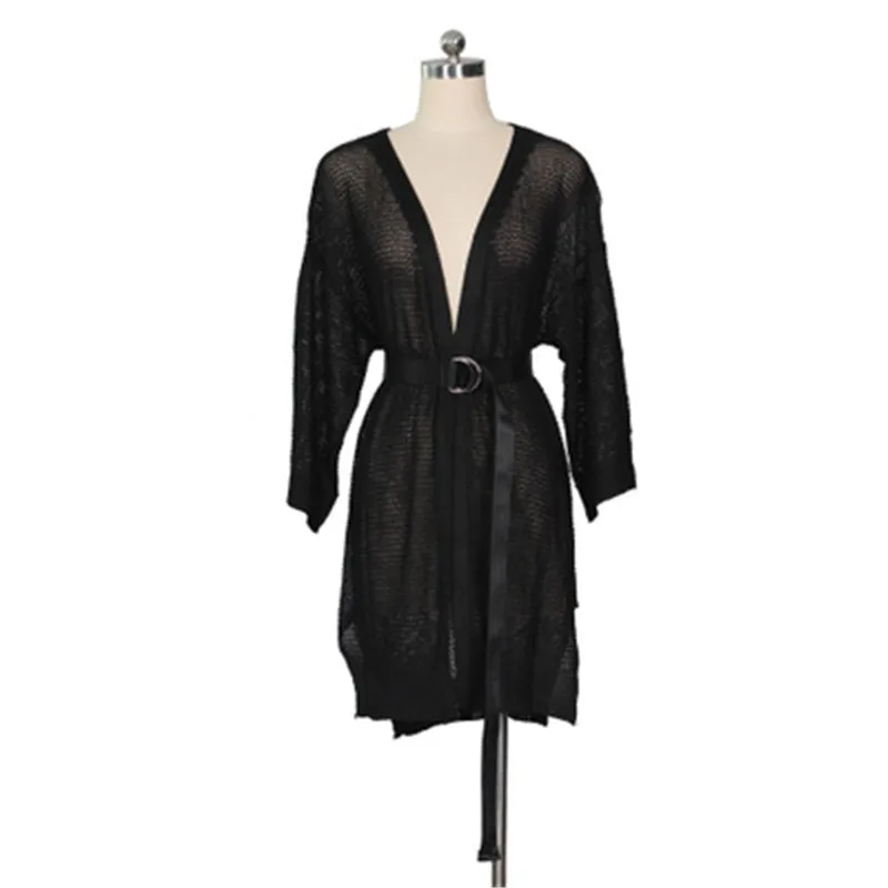 New Female Oversized Perspective Knit Cardigan Coat Sexy Beach Blouse Solid Color Hollow Out Tie |