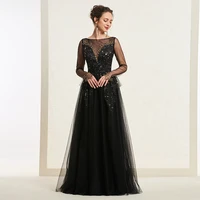 tanpell beading prom dresses scoop neck long sleeves floor length a line gown women button party custom long black prom dress