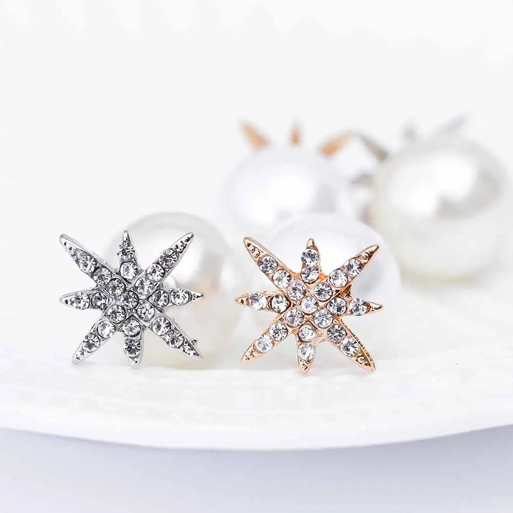 2016 Hot Sale Rhinestone Snowflake Imitation Pearl Double Sided Stud Earrings Fashion Fine Metal Geometry Star Removable Earring | Украшения
