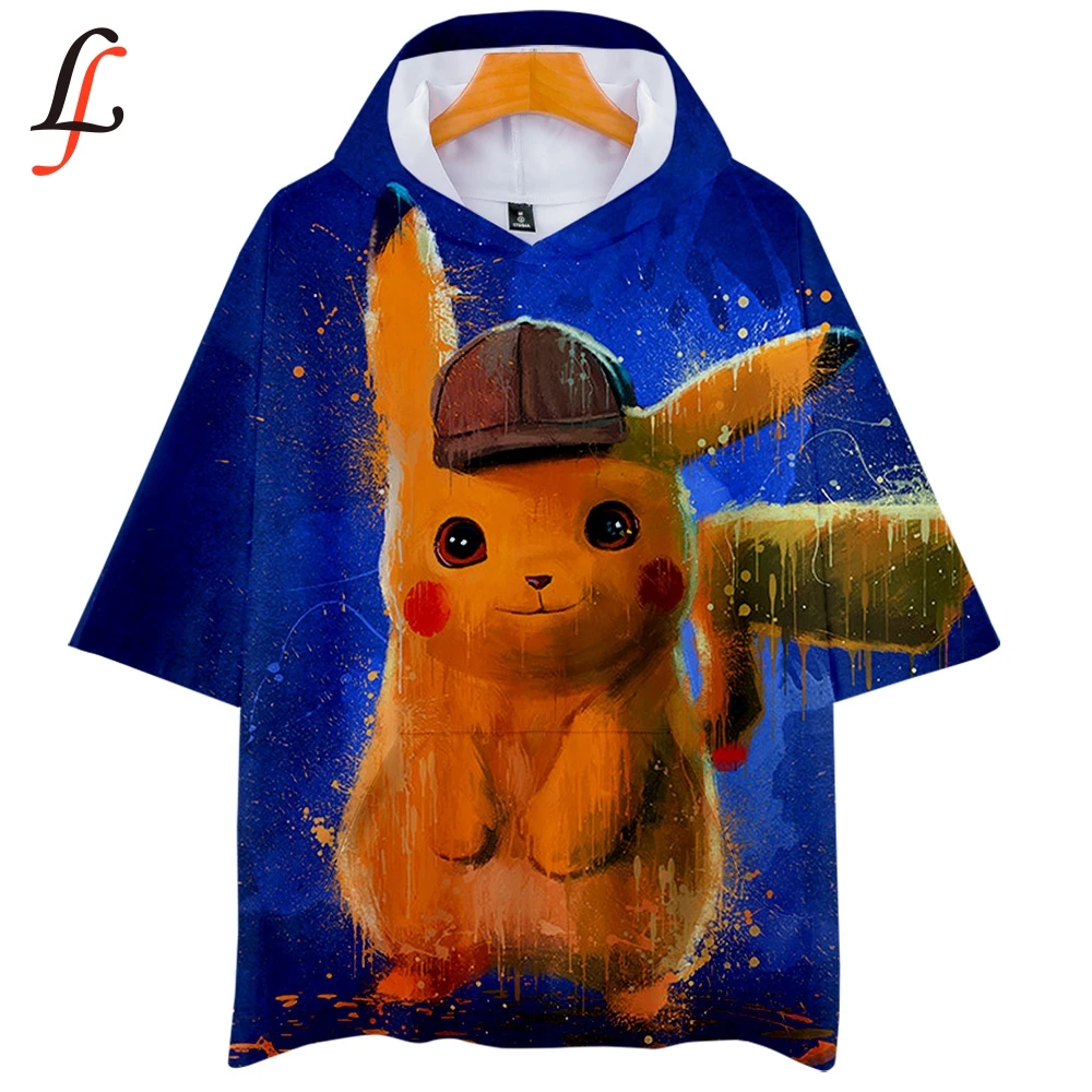 Футболка с капюшоном Pokemon Pikachu 3D аниме мультфильм коротким рукавом Мори девушки