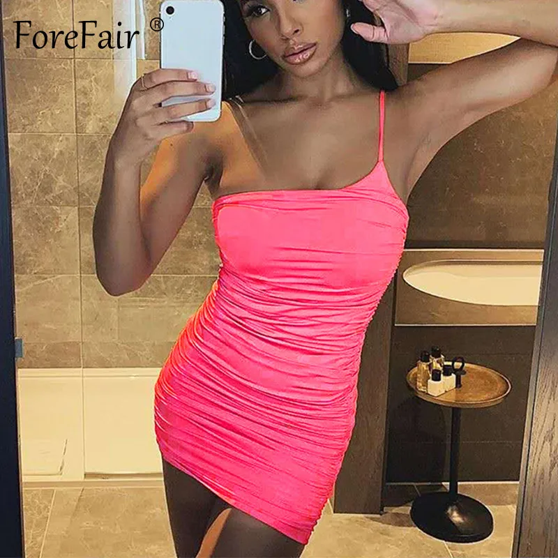 Forefair одно плечо Клубное платье неоновые мини без бретелек Вечерние с открытой