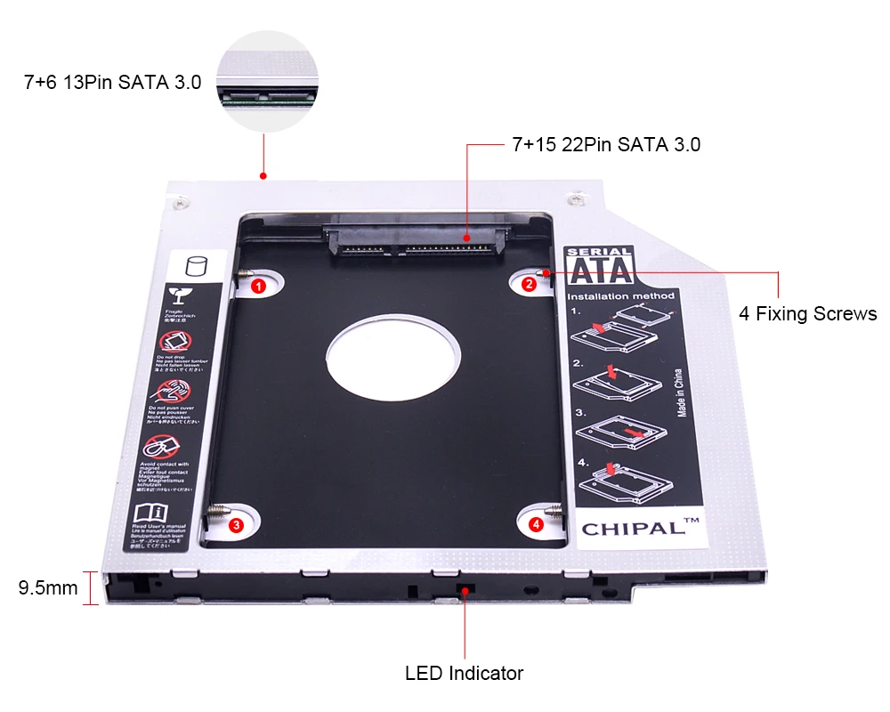 CHIPA алюминиевый Универсальный 2-ой HDD Caddy 9,5 мм SATA 3,0 двойной светодиодный для 2," жесткий диск SSD чехол Корпус для ноутбука CD-ROM Optibay