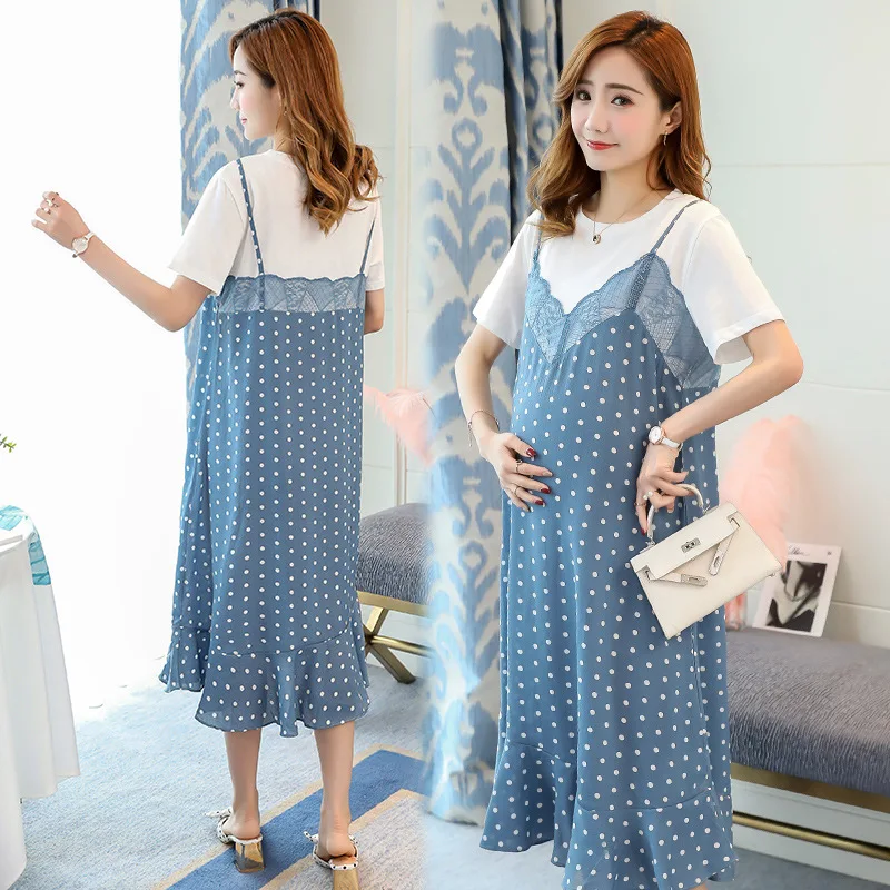 Летние кружевные платье для беременных из шифона Одежда женщин в горошек