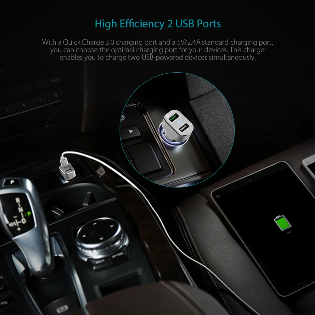 Автомобильное зарядное устройство с 2 портами USB и функцией быстрой зарядки 3 0 для