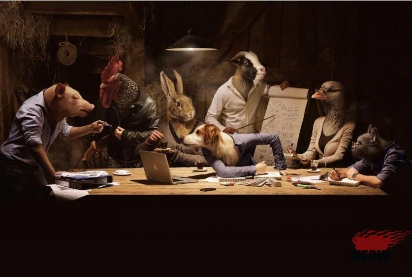 Смешные животные столы кошки козы гуси кролики свиньи петухи собаки плакат Холст