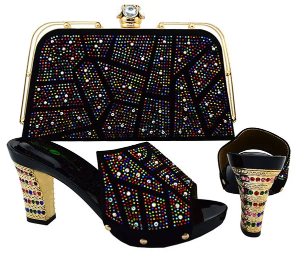 2016 Очаровательная Итальянская Обувь С Сопрягая Мешки Стразы Черный Высокое