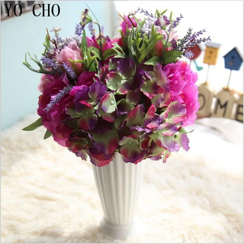 

YO CHO 6 Heads/bunch Silk Rose Artificial Flowers Hydrangea Bridesmaid Bridal Bouquet fake Peony Flower Party Wedding Decoration