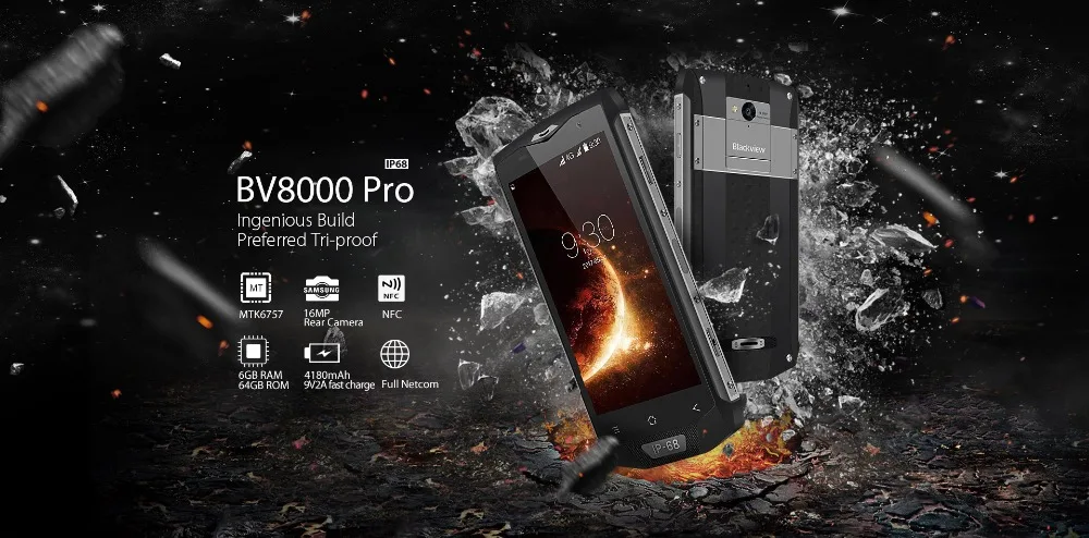 Blackview BV8000 Pro смартфон Водонепроницаемый MT6757 Восьмиядерный 6 ГБ Оперативная память 64 ГБ Встроенная память отпечатков пальцев Dual SIM мобильный телефон 16.0MP Камера NFC