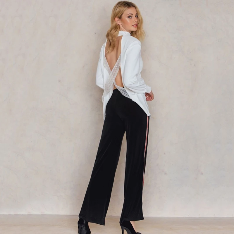 HDY Haoduoyi Sexy Lace Hollow Out Cross Back Shirts Women Deep V neck Long Sleeve Backless Solid White Female Buttons Blouses|button blouse|shirt