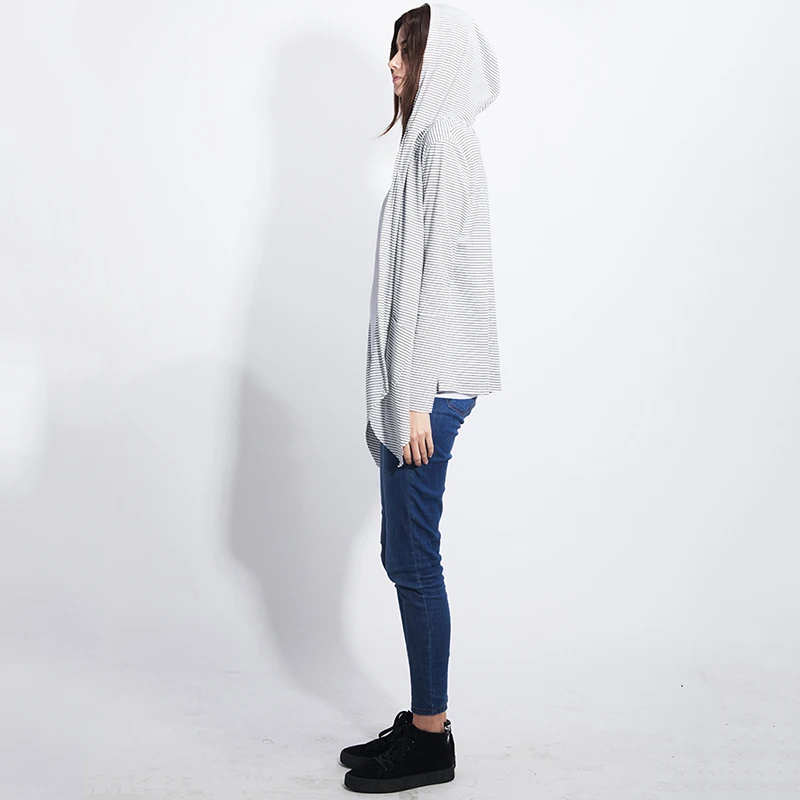 Bigsweety Womens Casual Hooded All-match Cardigans Long Sleeved Asymmetric Cardigan New European Striped Overcoat Women Outwear |