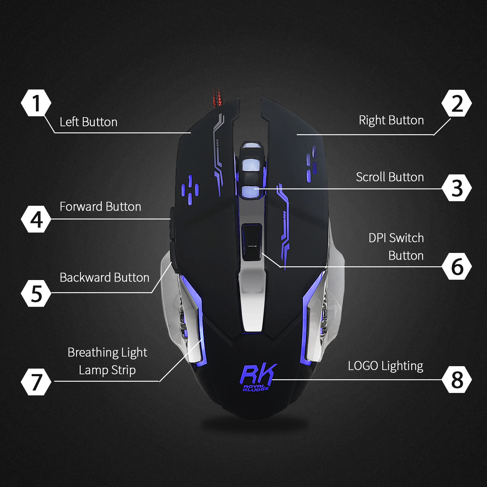 RK игровая мышь 4D 2400 dpi регулируемые проволочные оптические светодиодный компьютерные мыши USB кабель Бесшумная мышь для портативных ПК