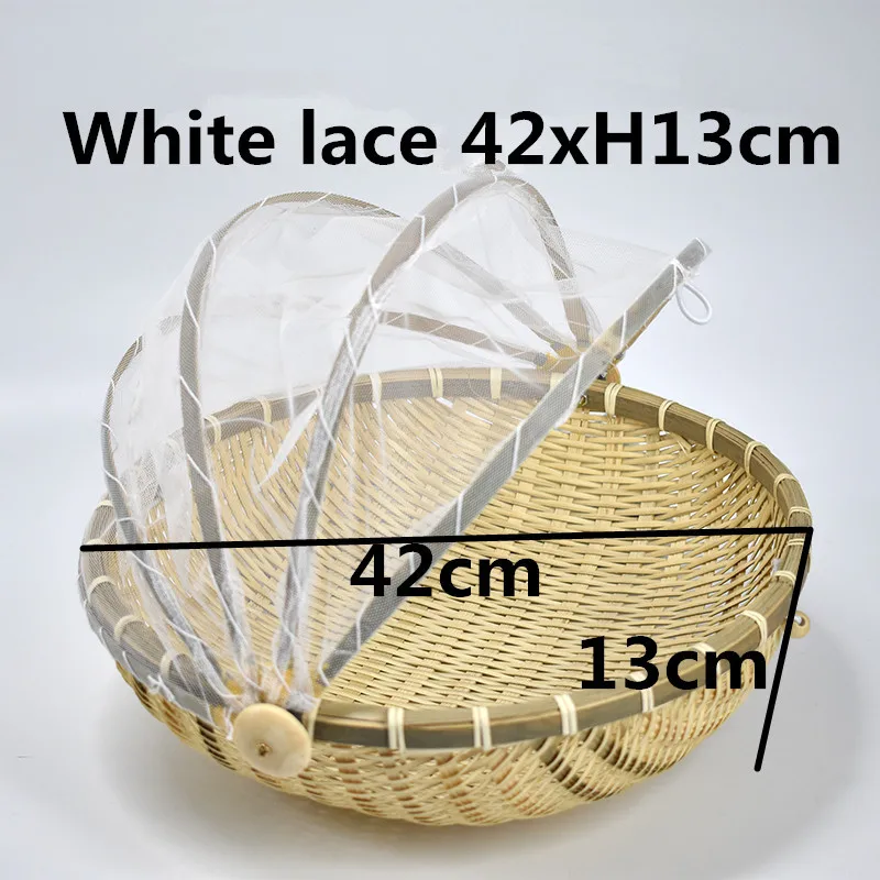 White lace 42xH13cm Подарочная корзина ручной работы Бамбуковая ткань плетеная корзина пылезащитный фруктовый лоток пищевые блюда для хлеба крышка с марлей Panier Osier хранения - Цвет: White lace 42xH13cm